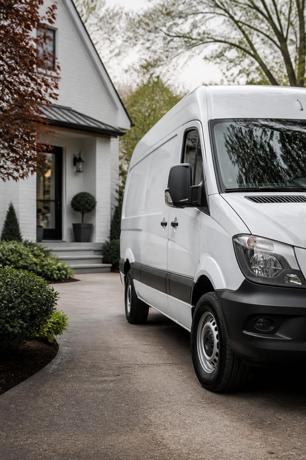 A clean service vehicle parked beside a well-kept residential property.