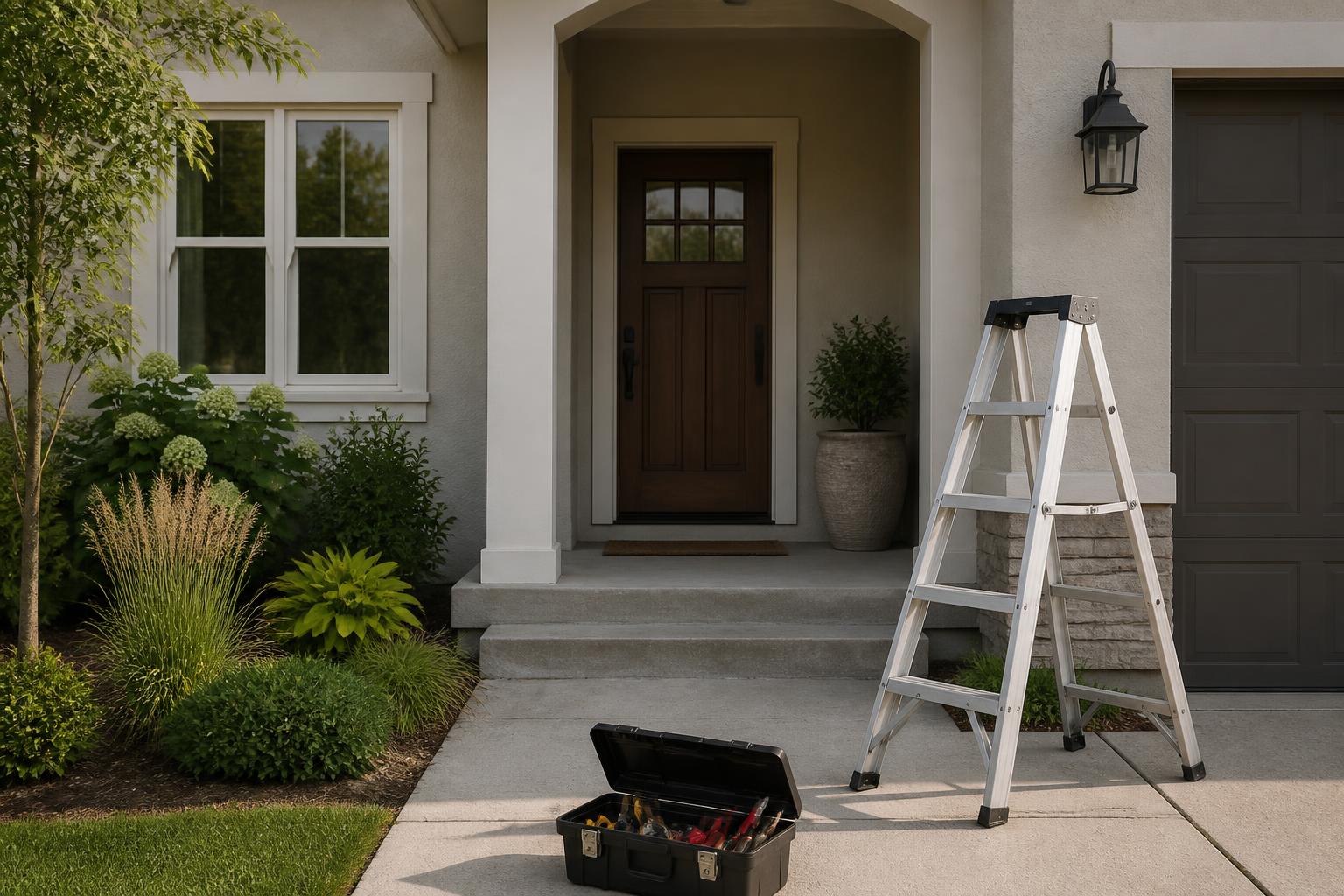 A calm home exterior with a clean, repaired entryway in natural daylight.